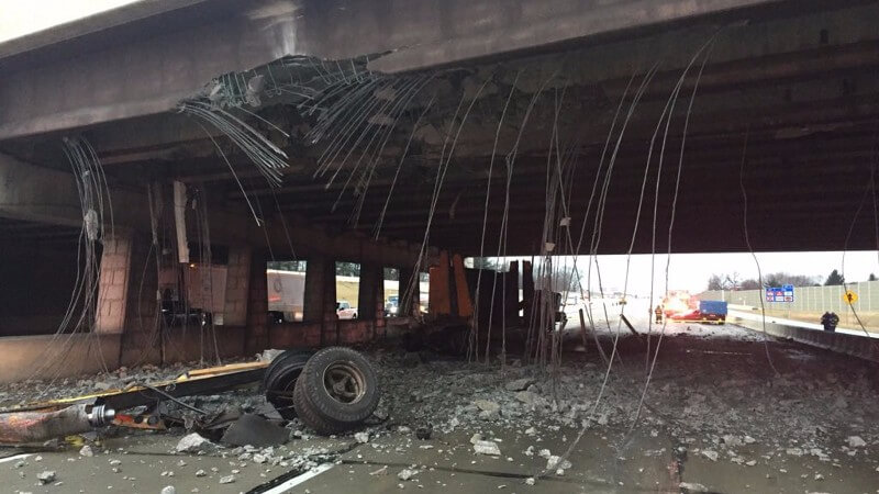 Truck accident and damaged bridge