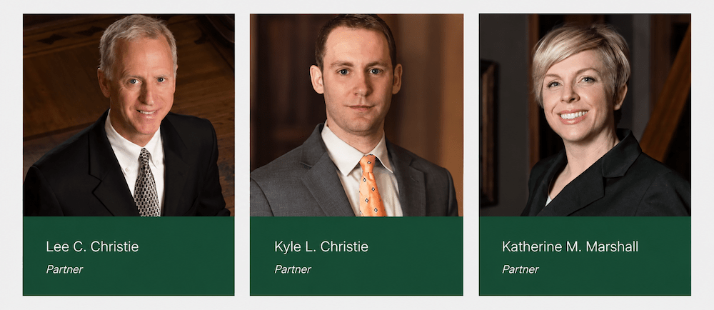 Truck accident attorneys Lee Christie, Kyle Christie, and Katie Marshall at Christie Bell & Marshall
